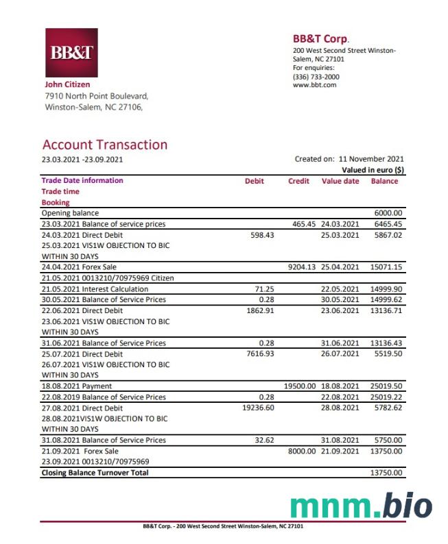 USA BB & T Corp. szablon wyciągu bankowego w formacie Word i PDF